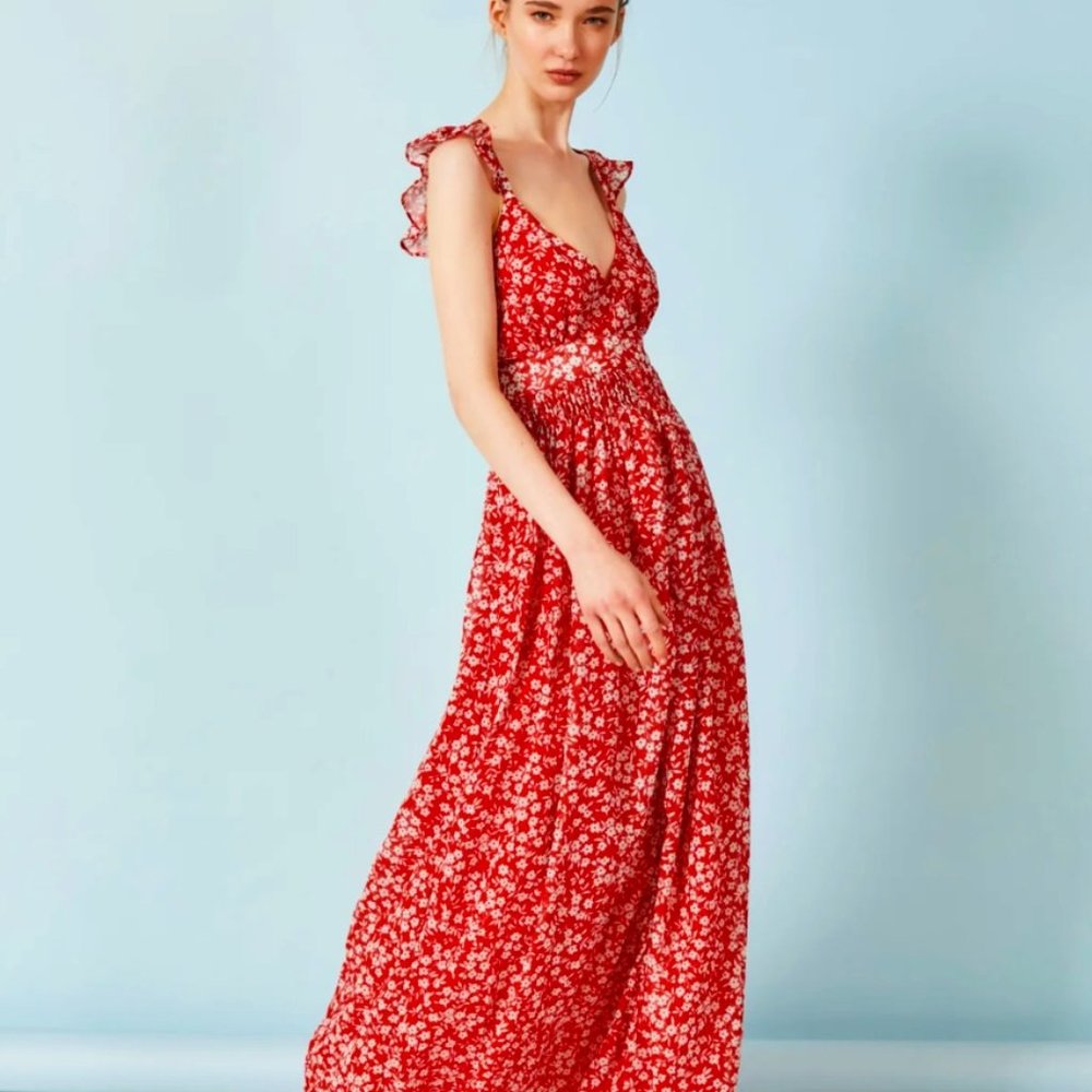 Deluc Red Floral Maxi Dress with Ruffle Straps